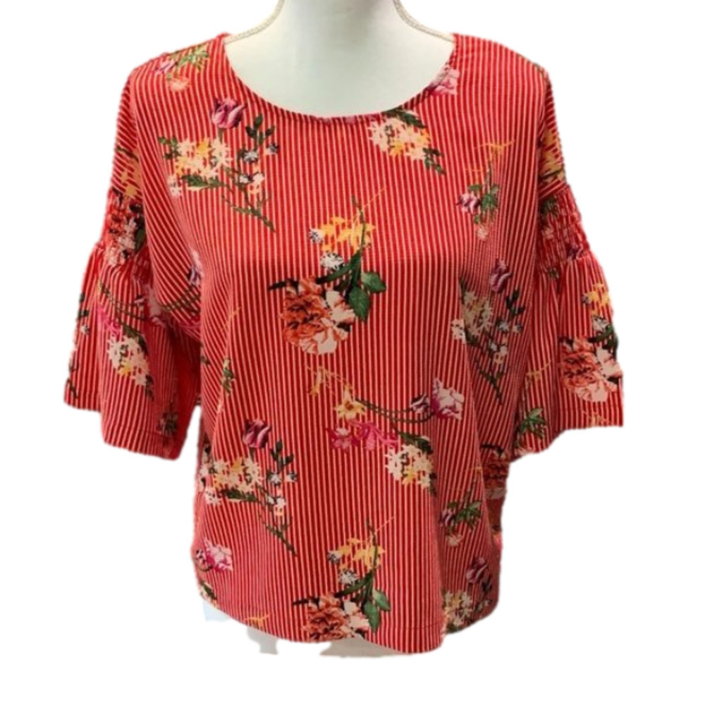 Twine & STRING Striped Floral Flutter Sleeve Top